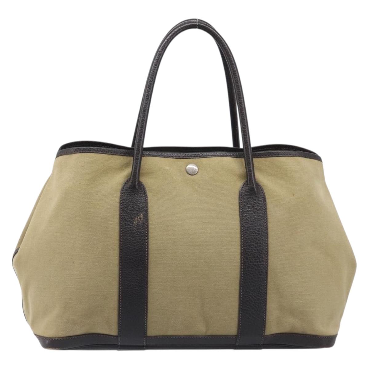 HERMES Garden Party 36 Hand Bag Canvas Beige Silver Auth ka6561