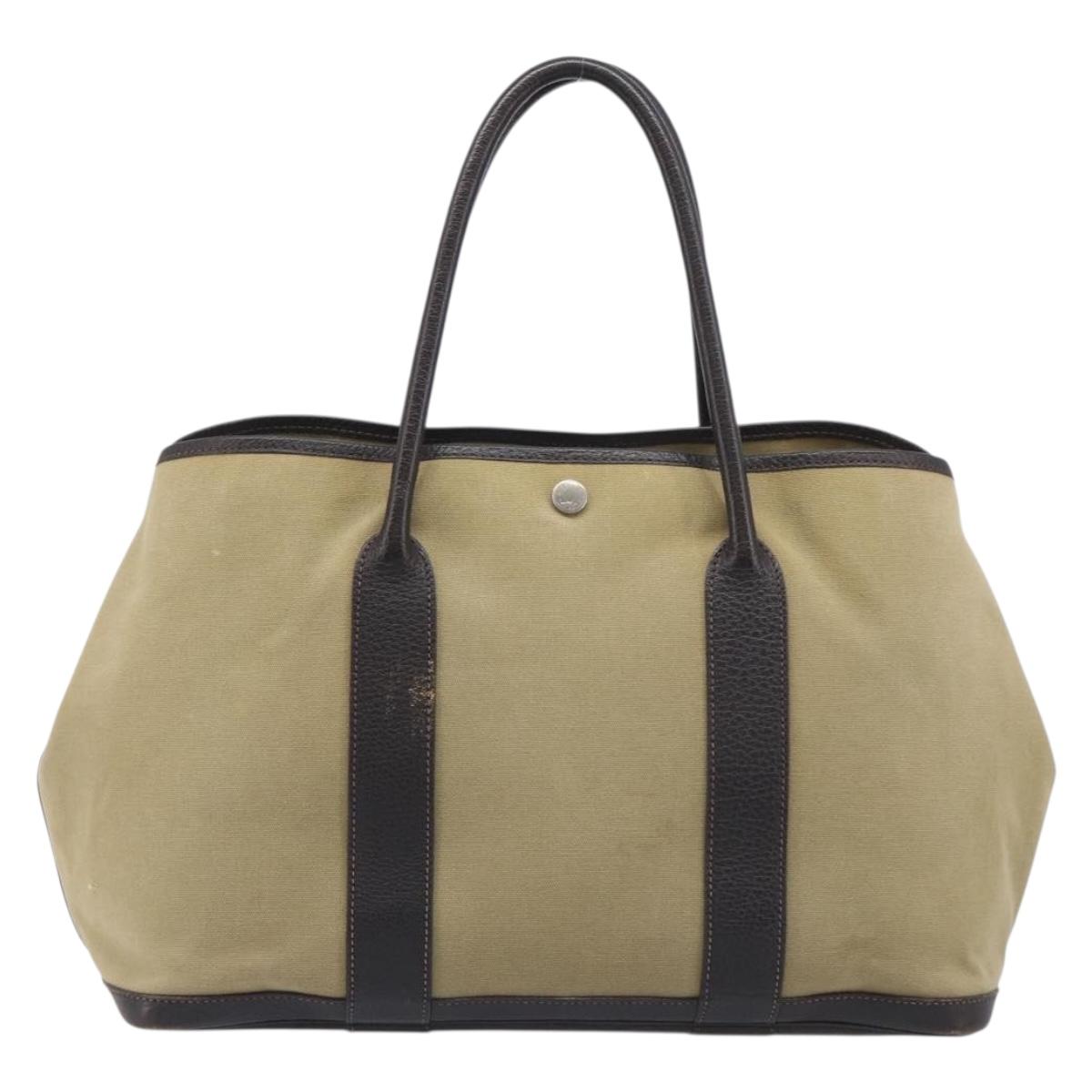 HERMES Garden Party 36 Hand Bag Canvas Beige Silver Auth ka6561