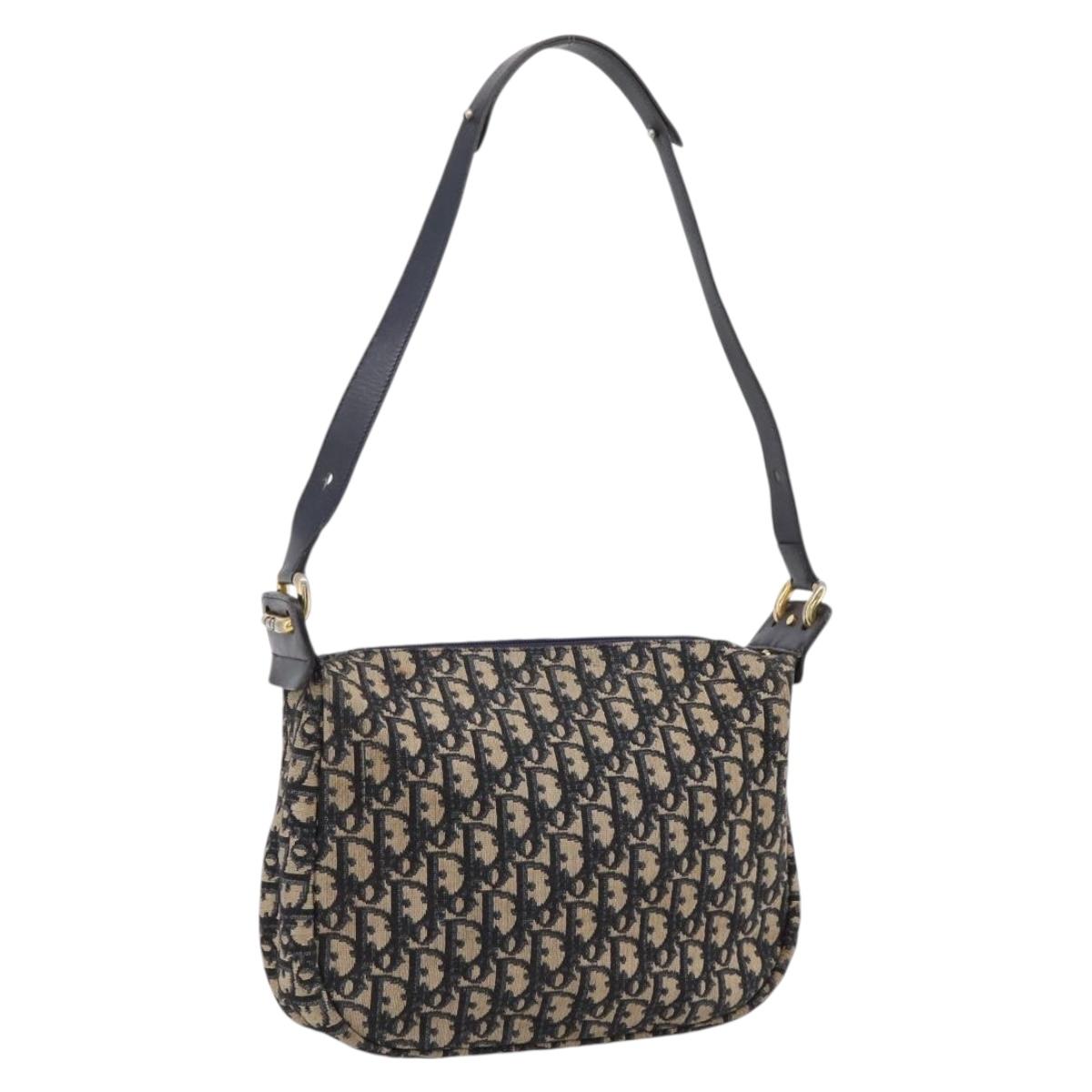 Christian Dior Trotter Canvas Shoulder Bag Navy Gold Auth ka6567