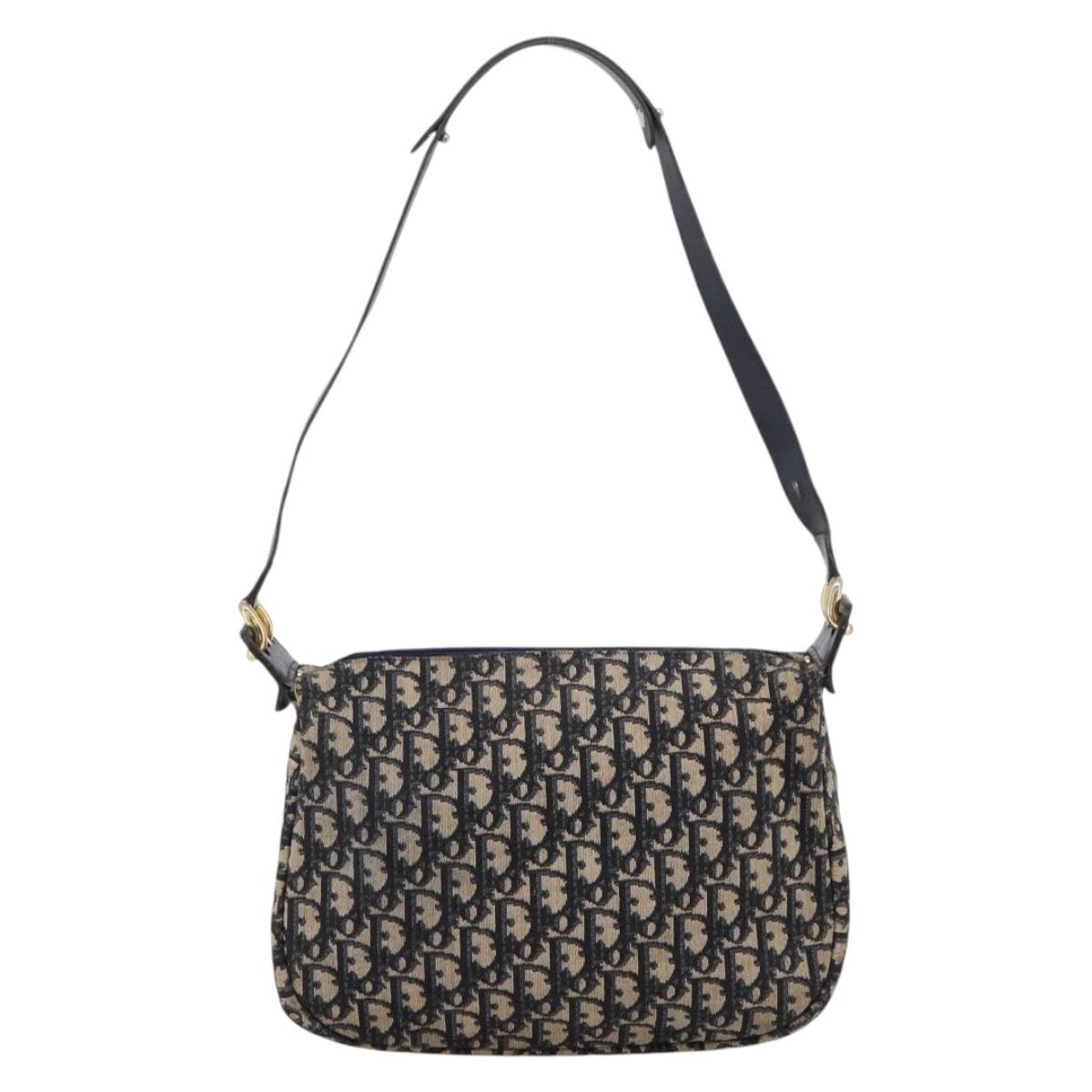 Christian Dior Trotter Canvas Shoulder Bag Navy Gold Auth ka6567