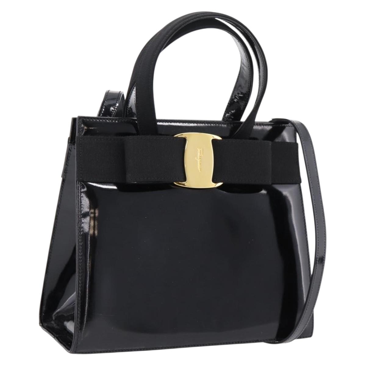 Salvatore Ferragamo Vala Hand Bag Patent leather 2way Black Gold Auth ka6577