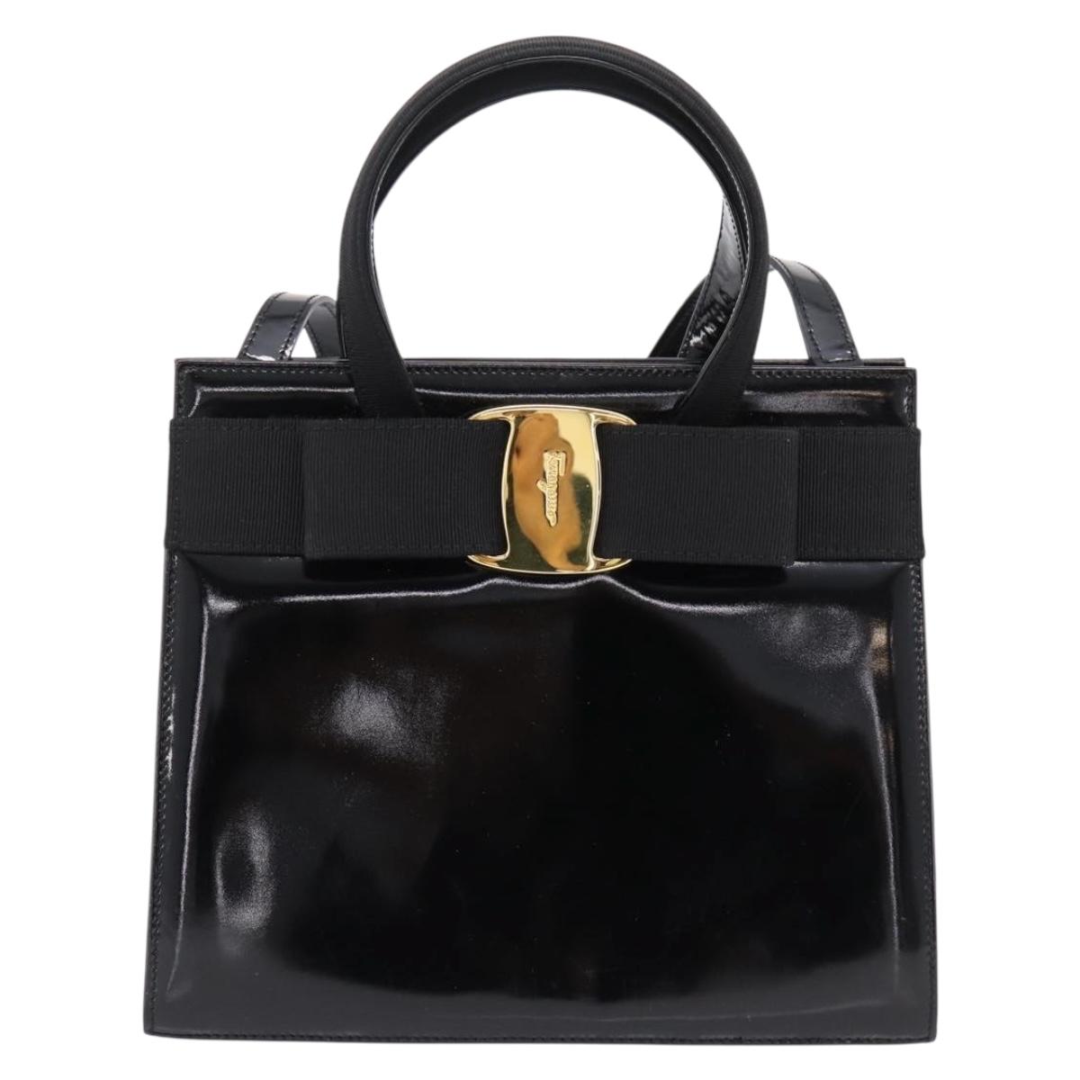 Salvatore Ferragamo Vala Hand Bag Patent leather 2way Black Gold Auth ka6577
