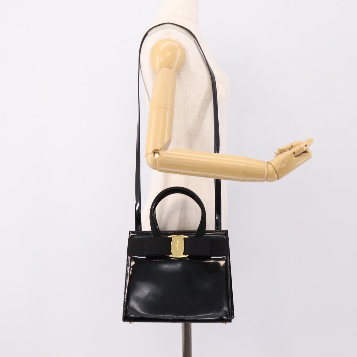Salvatore Ferragamo Vala Hand Bag Patent leather 2way Black Gold Auth ka6577