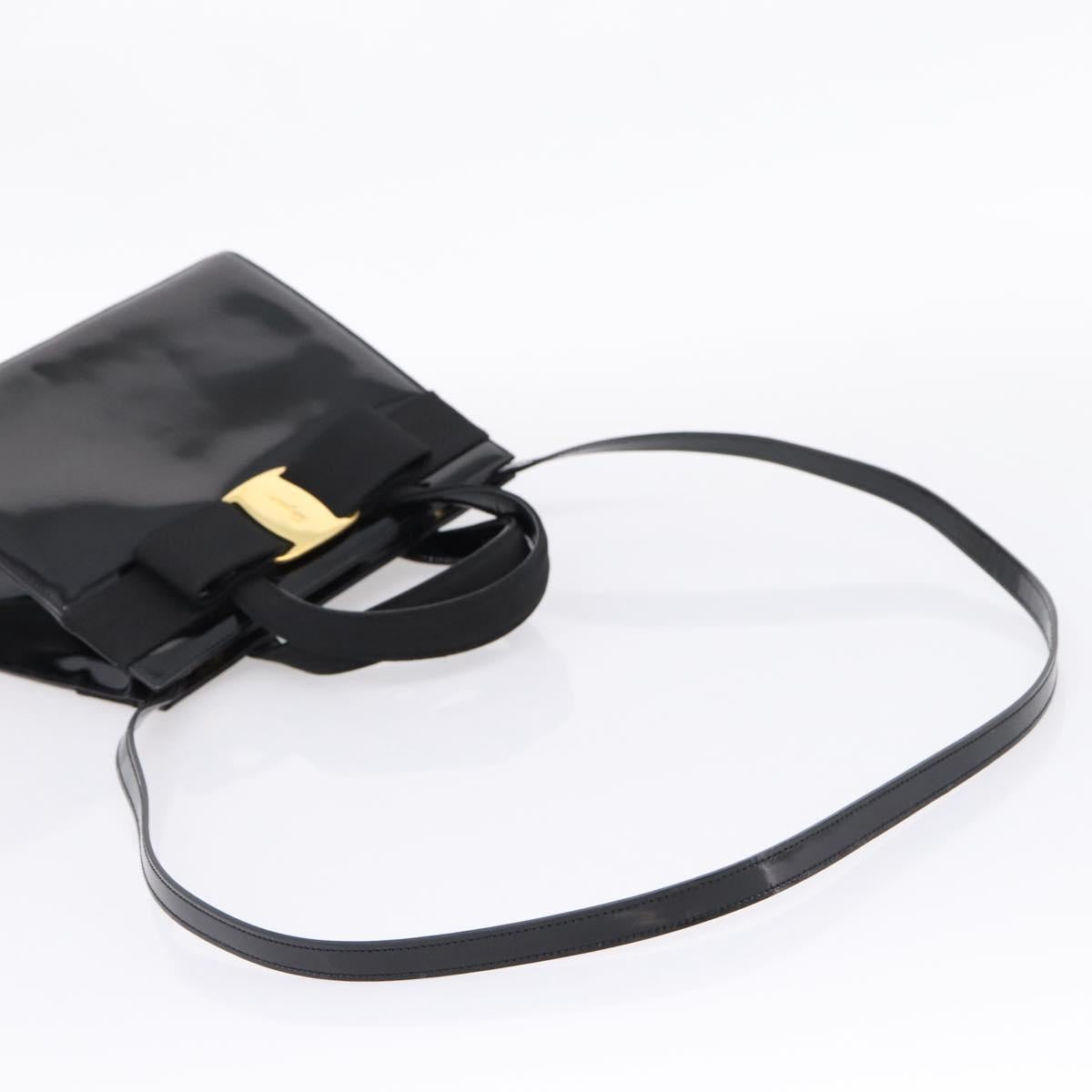 Salvatore Ferragamo Vala Hand Bag Patent leather 2way Black Gold Auth ka6577