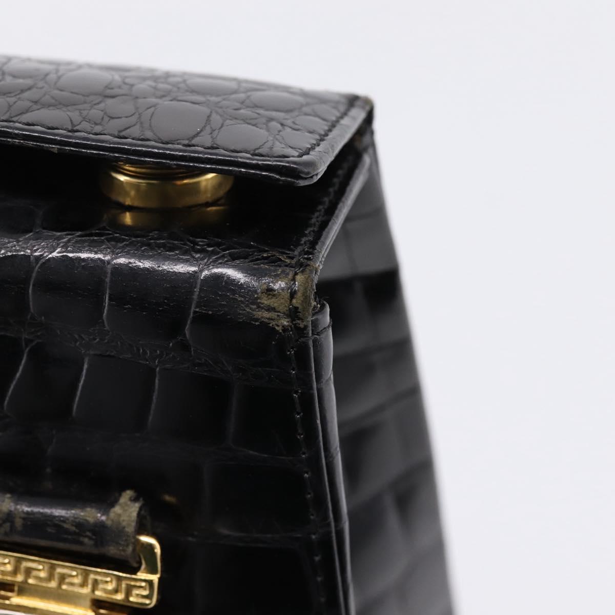 Gianni Versace Croco Embossed Hand Bag Leather Black Gold Auth ka6583