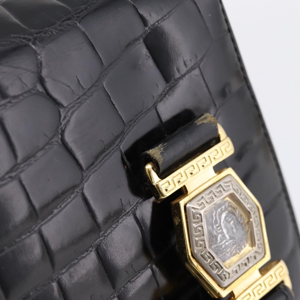 Gianni Versace Croco Embossed Hand Bag Leather Black Gold Auth ka6583
