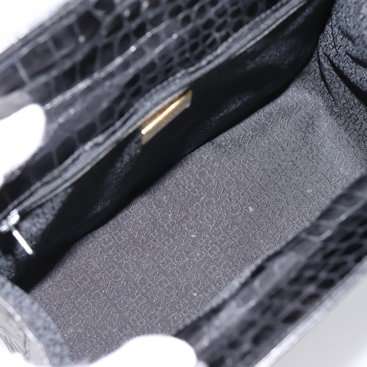 Gianni Versace Croco Embossed Hand Bag Leather Black Gold Auth ka6583