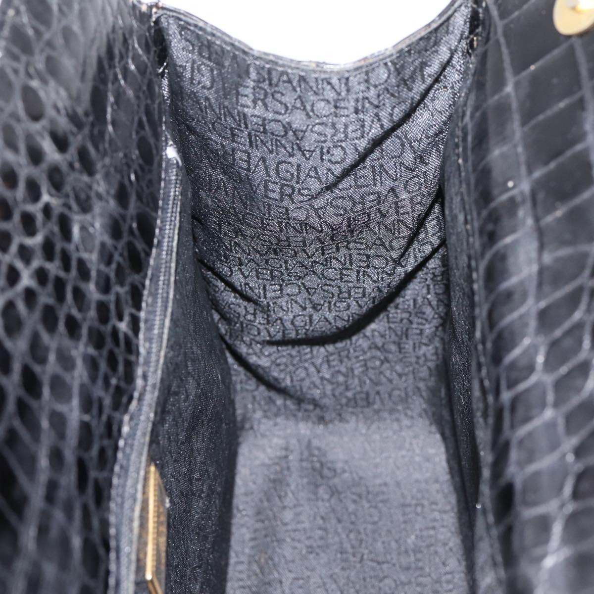 Gianni Versace Croco Embossed Hand Bag Leather Black Gold Auth ka6583