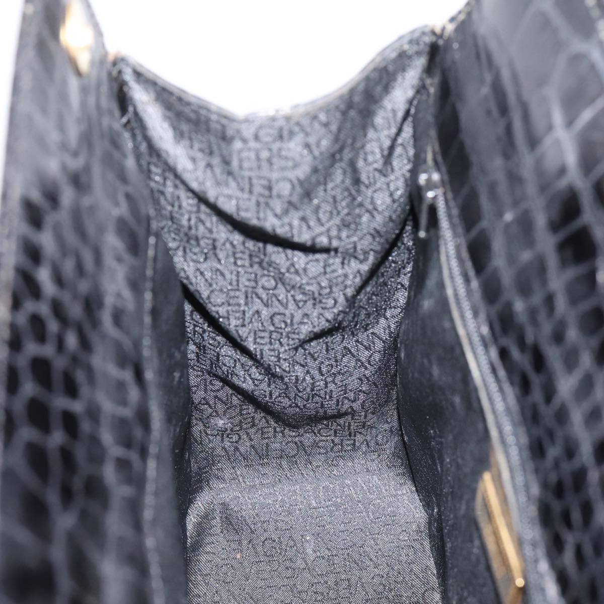 Gianni Versace Croco Embossed Hand Bag Leather Black Gold Auth ka6583