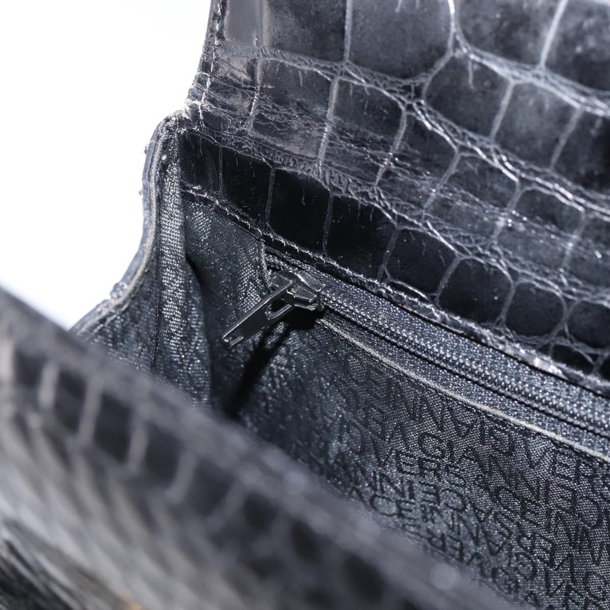 Gianni Versace Croco Embossed Hand Bag Leather Black Gold Auth ka6583