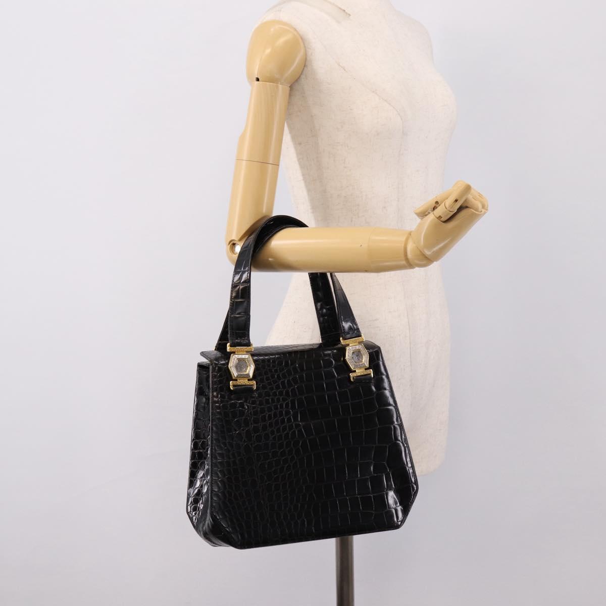 Gianni Versace Croco Embossed Hand Bag Leather Black Gold Auth ka6583