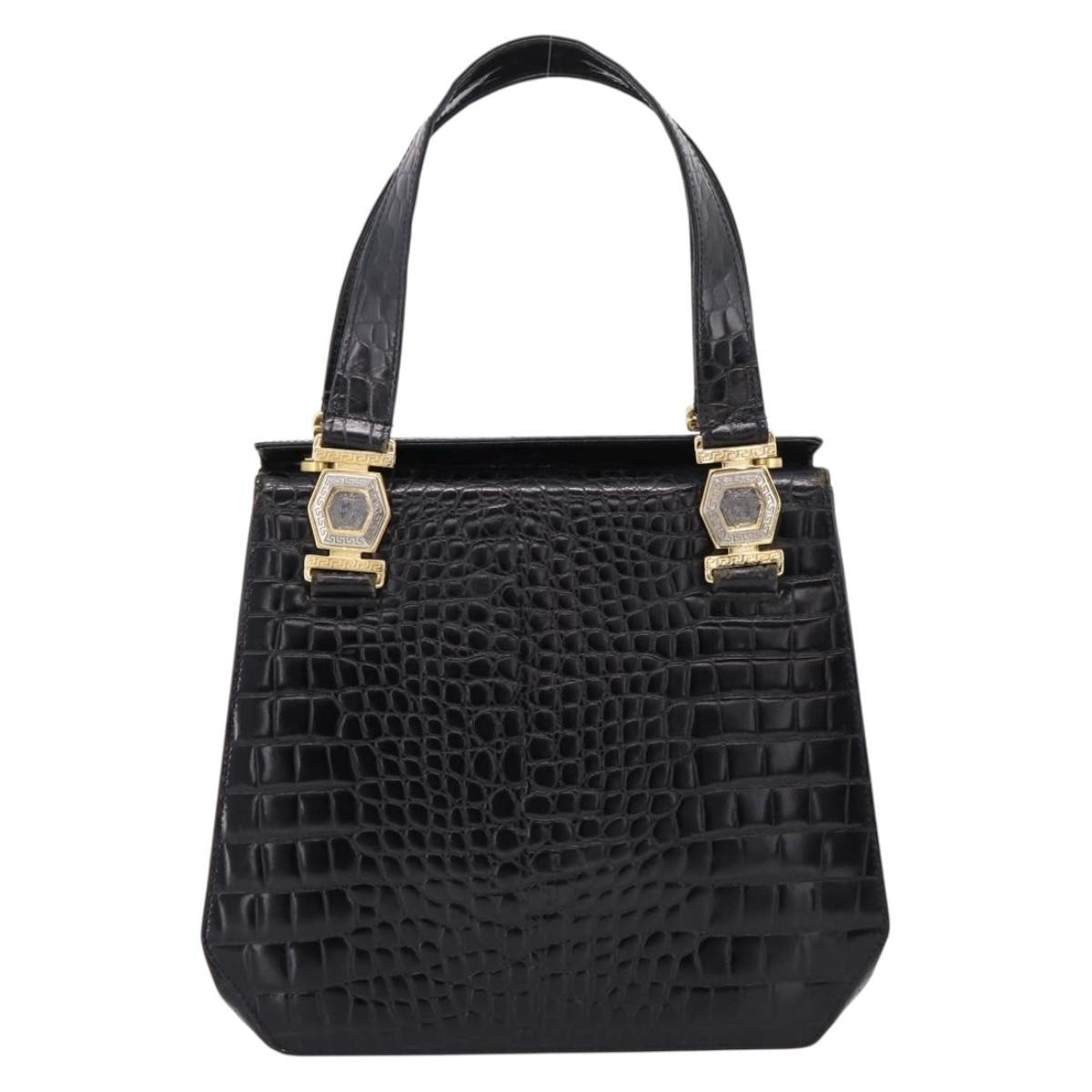 Gianni Versace Croco Embossed Hand Bag Leather Black Gold Auth ka6583