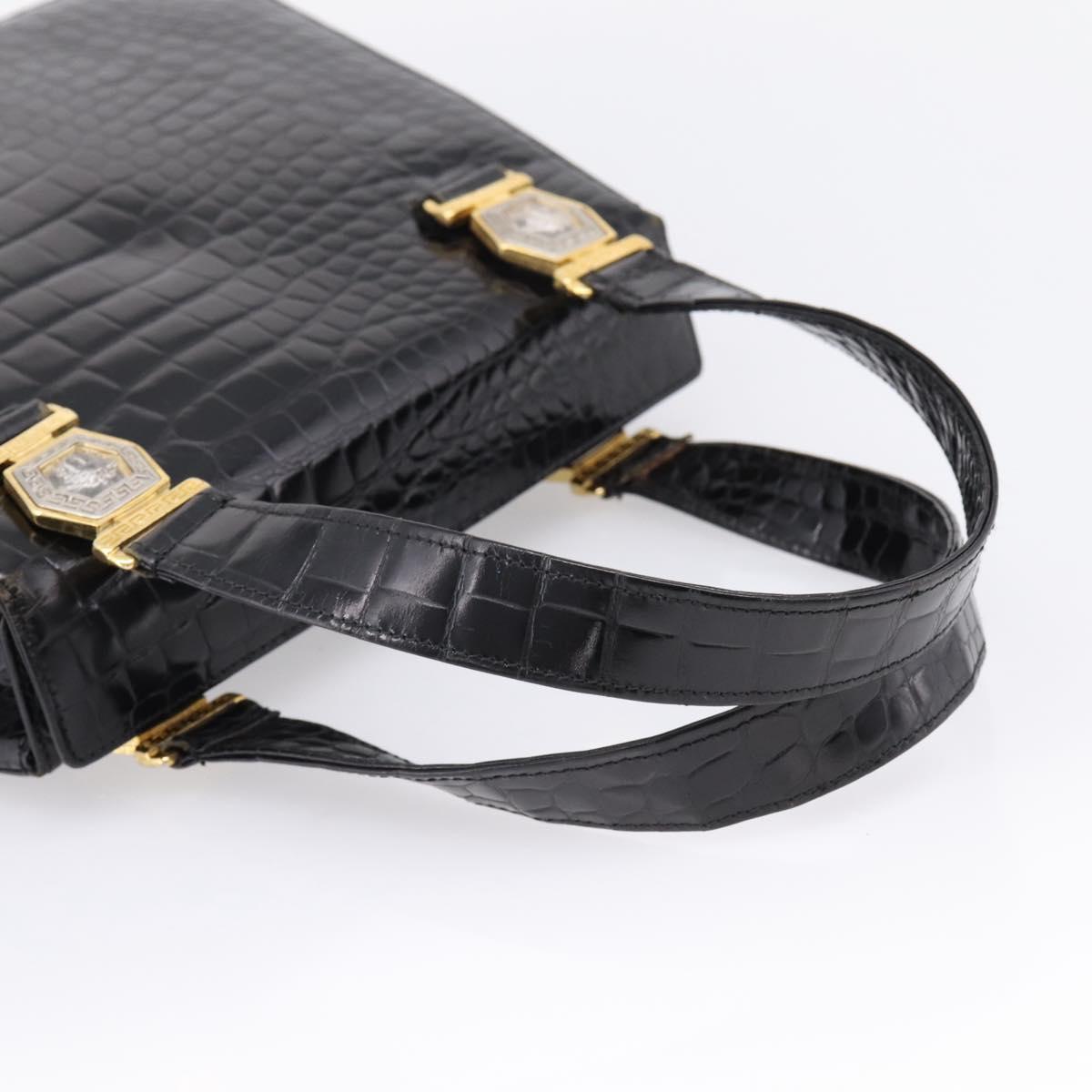 Gianni Versace Croco Embossed Hand Bag Leather Black Gold Auth ka6583