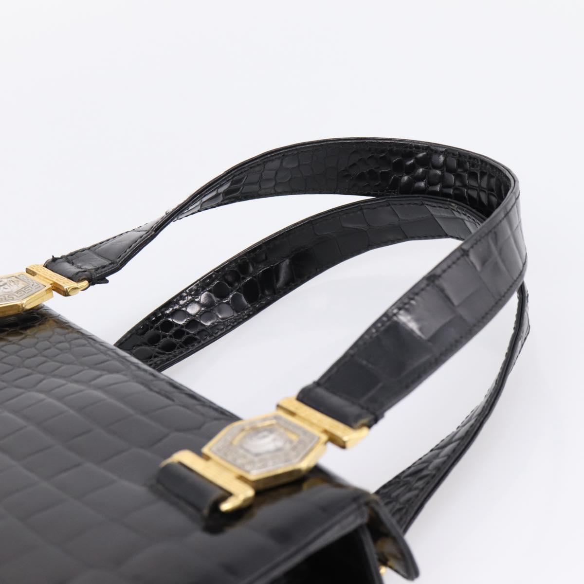 Gianni Versace Croco Embossed Hand Bag Leather Black Gold Auth ka6583