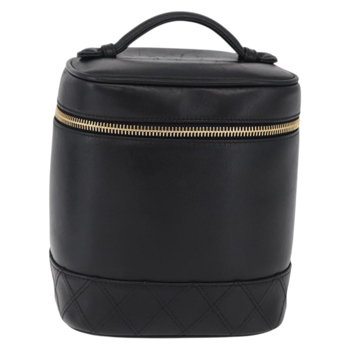 CHANEL Bicolore Vanity Hand Bag Lamb Skin Black Gold CC Auth ka6602V