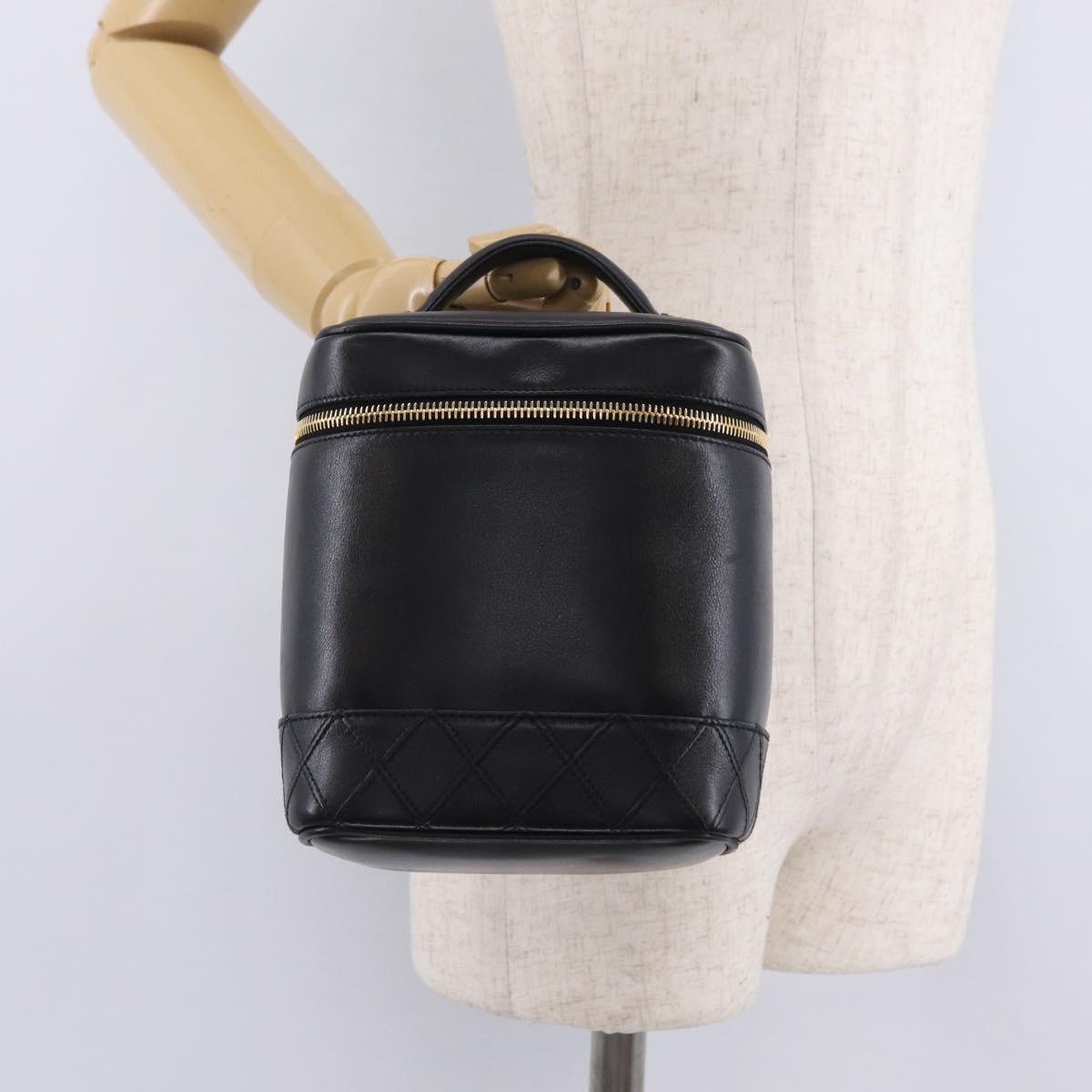 CHANEL Bicolore Vanity Hand Bag Lamb Skin Black Gold CC Auth ka6602V