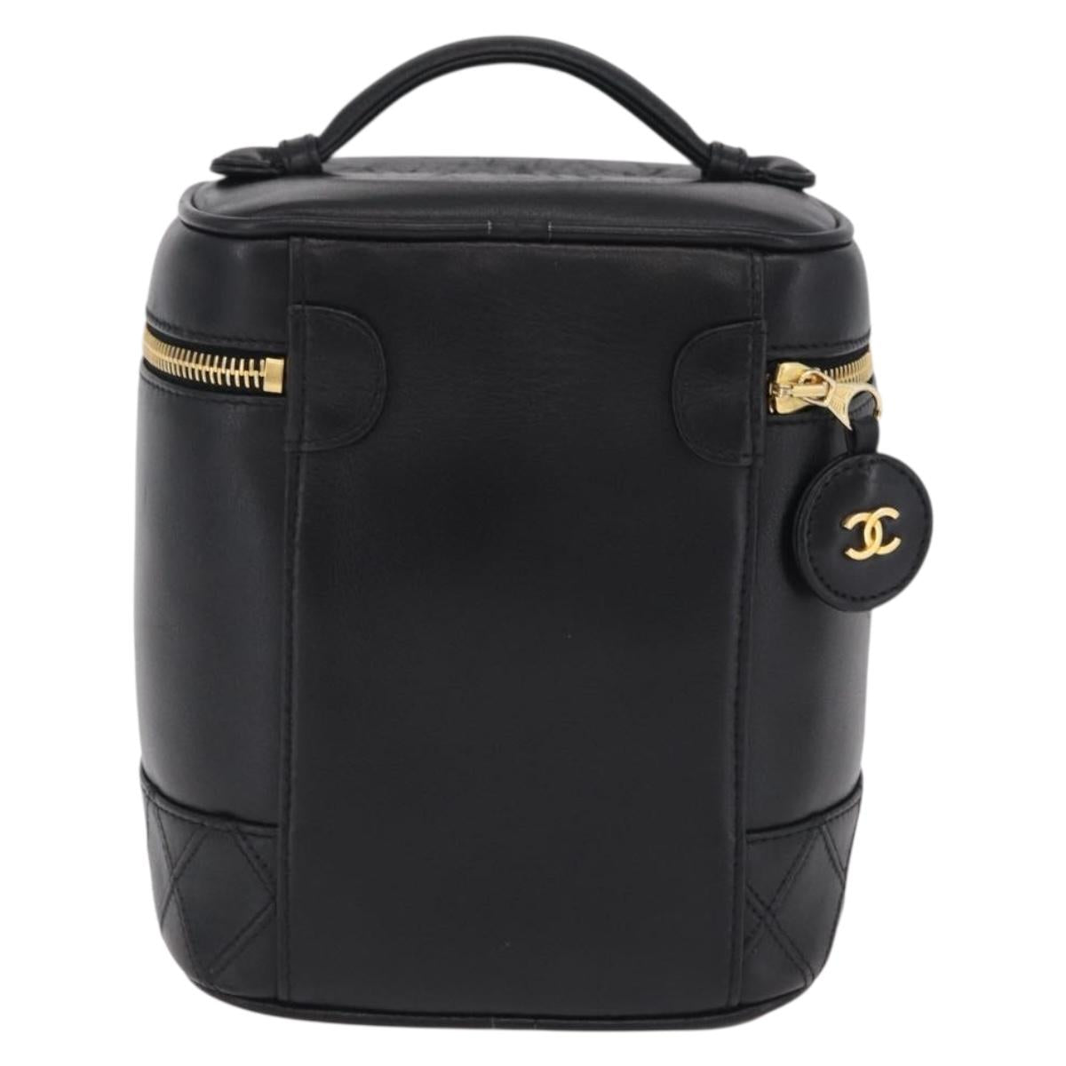 CHANEL Bicolore Vanity Hand Bag Lamb Skin Black Gold CC Auth ka6602V