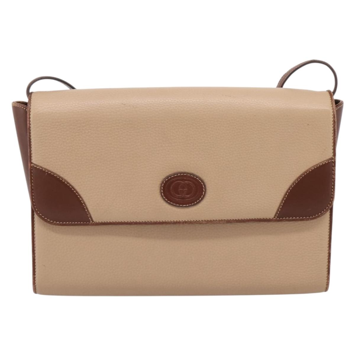 GUCCI Hand Bag Leather Beige Gold Auth ka6621