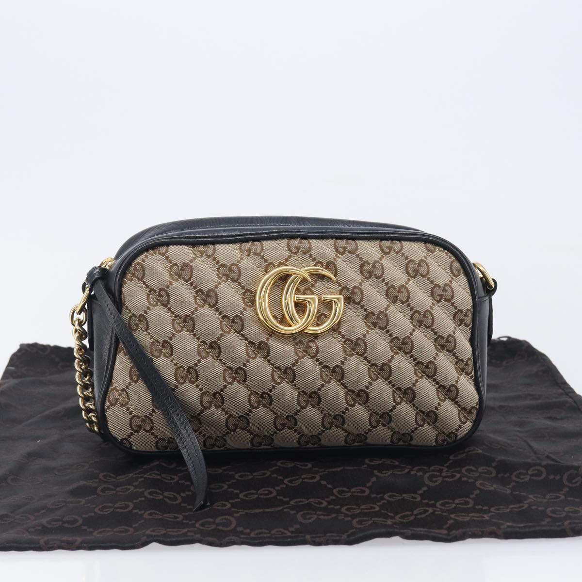 GUCCI GG Canvas GG Marmont Chain Shoulder Bag Black Gold 447632 Auth ka6623V