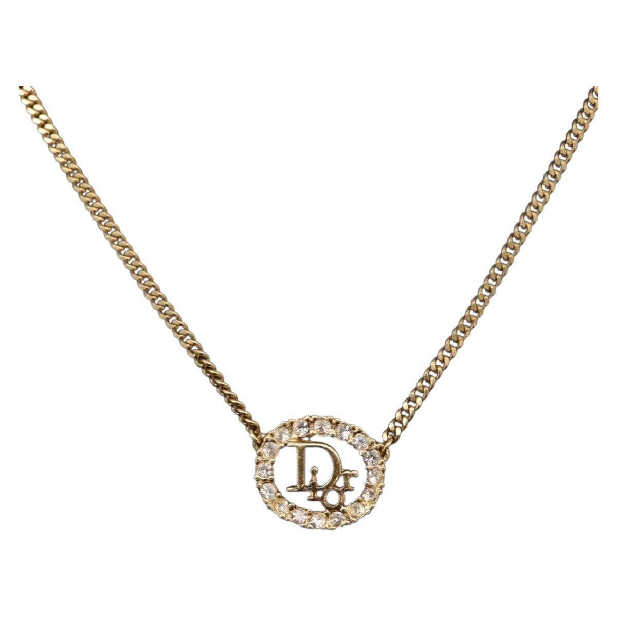 Christian Dior Rhinestone Necklace metal Gold Tone Auth ka6626