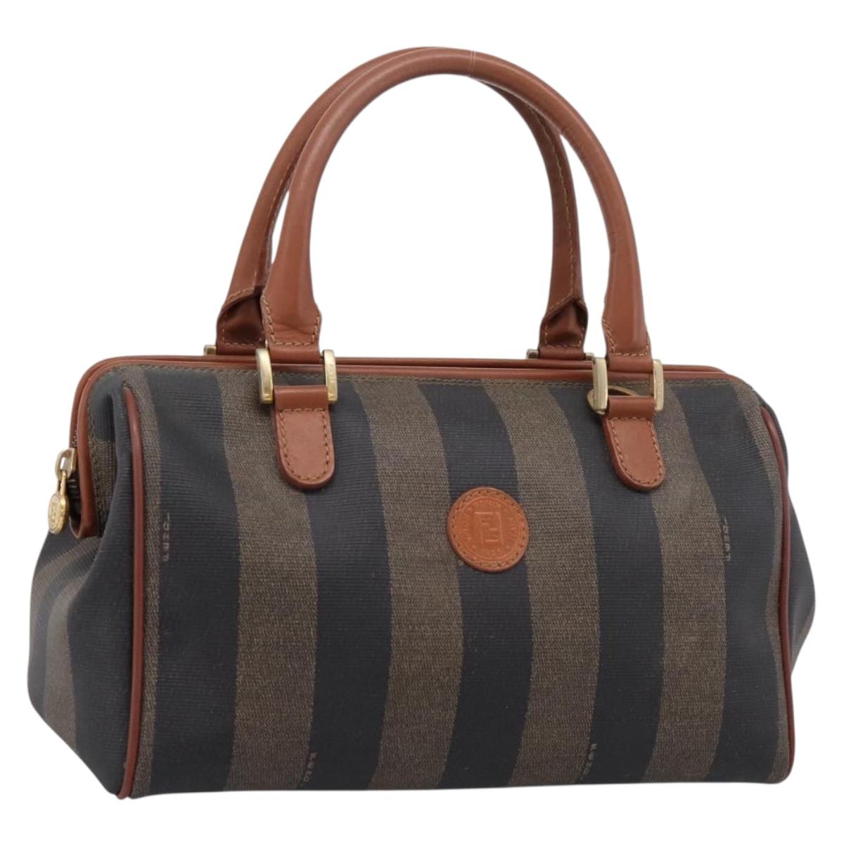 FENDI Pecan Canvas Hand Bag PVC Black Brown Auth ka6633