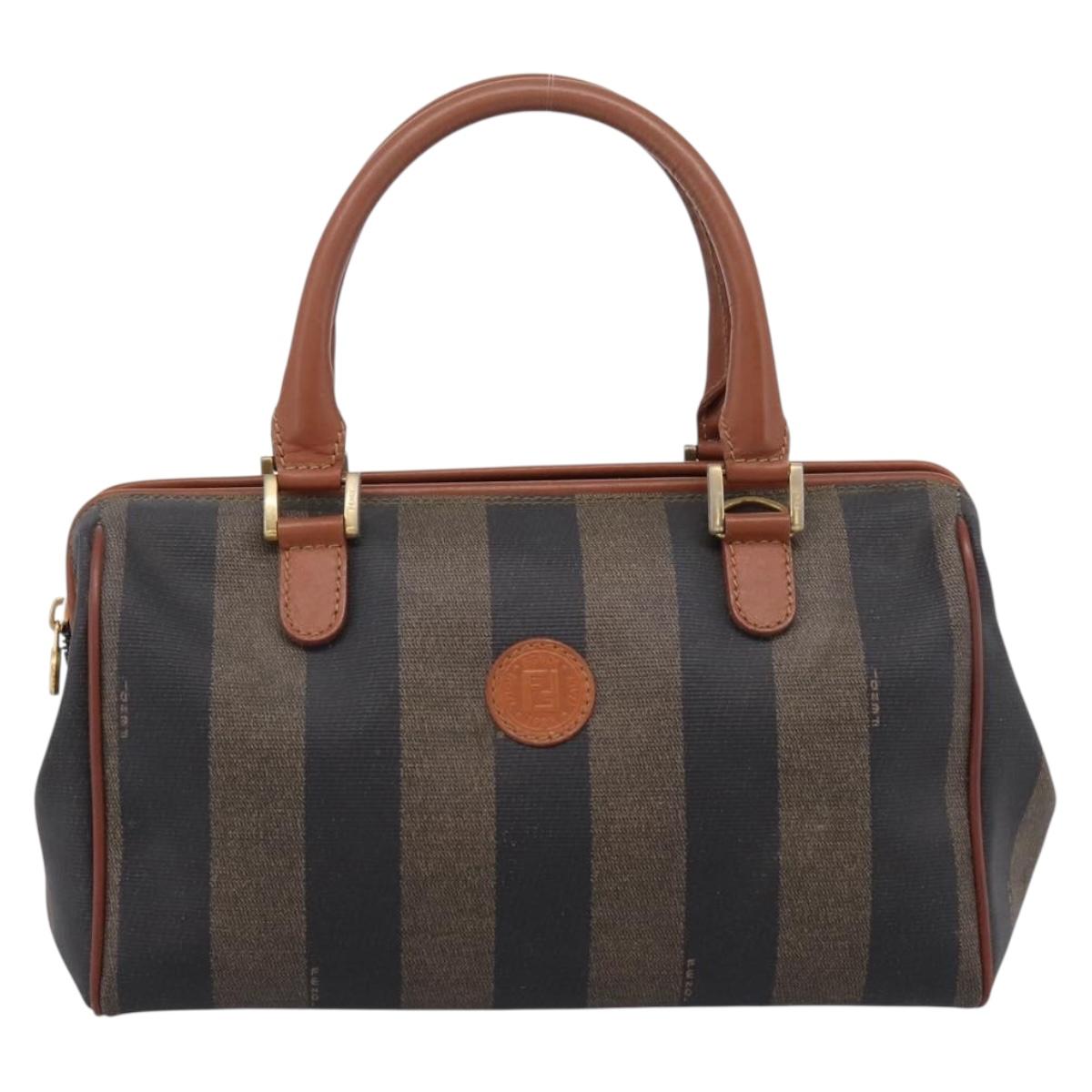 FENDI Pecan Canvas Hand Bag PVC Black Brown Auth ka6633