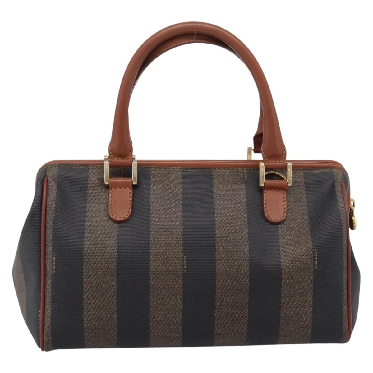 FENDI Pecan Canvas Hand Bag PVC Black Brown Auth ka6633