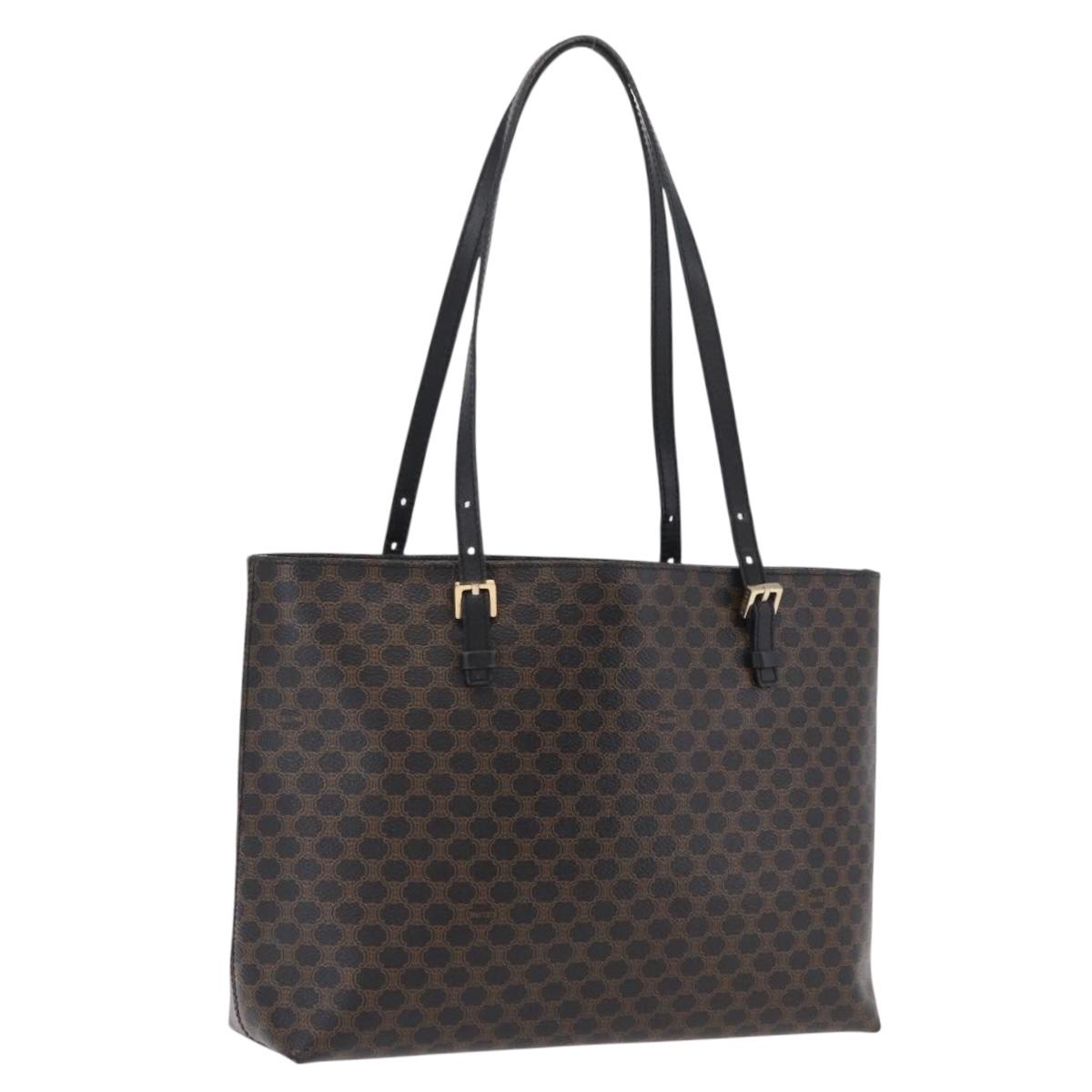 CELINE Macadam Canvas Tote Bag PVC Leather Black Gold Auth ka6639