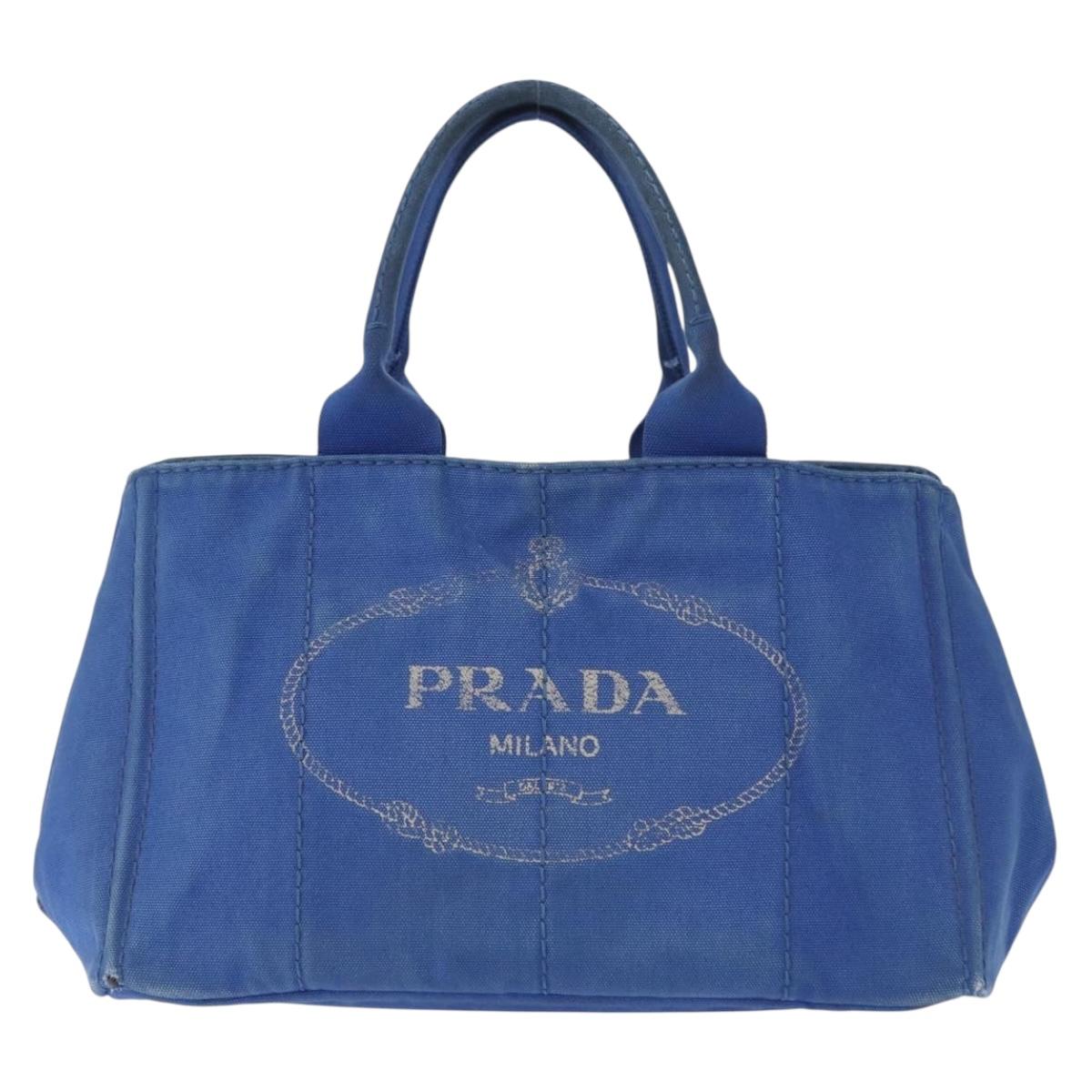PRADA Canapa MM Hand Bag Canvas Blue Gold Auth ka664