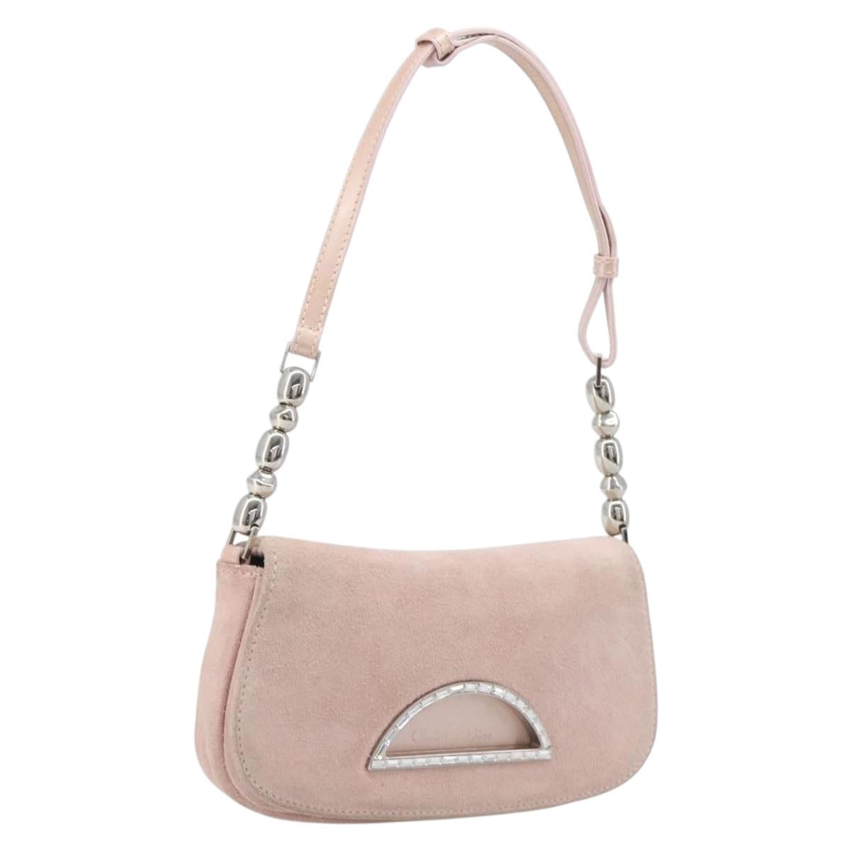 Christian Dior Maris Pearl Shoulder Bag Suede Pink Silver Auth ka6650