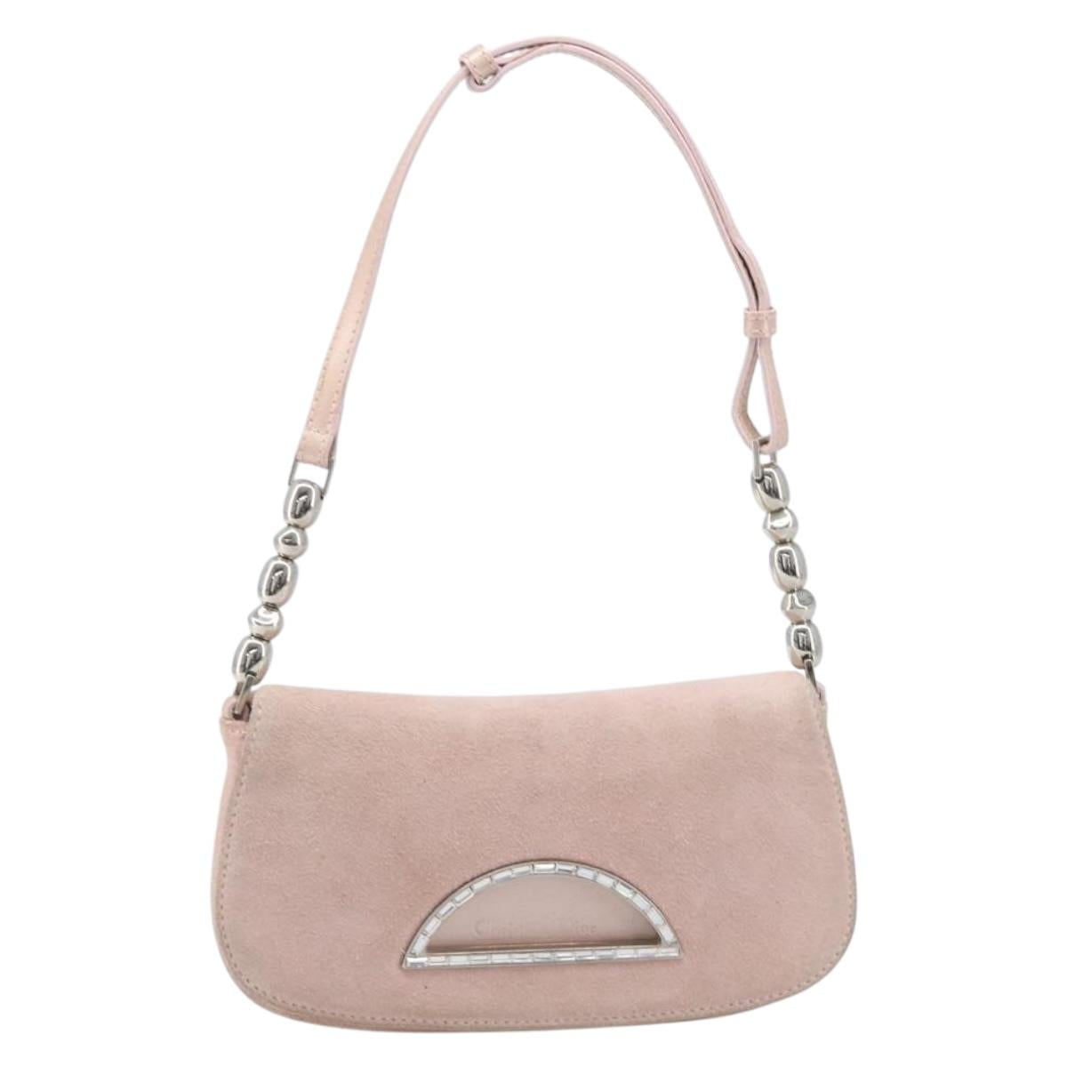 Christian Dior Maris Pearl Shoulder Bag Suede Pink Silver Auth ka6650