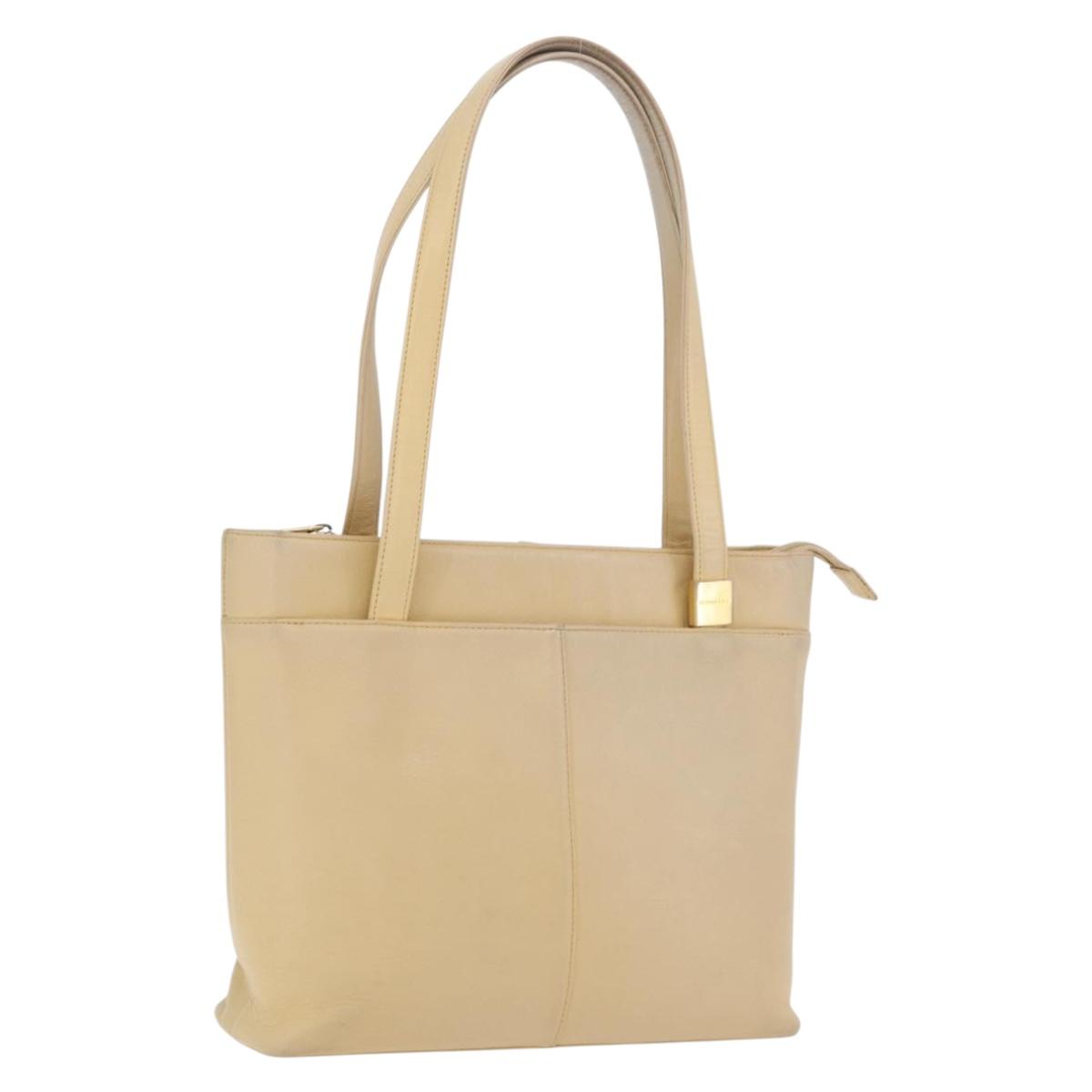 BURBERRY Tote Bag Leather Beige Gold Auth ka6651
