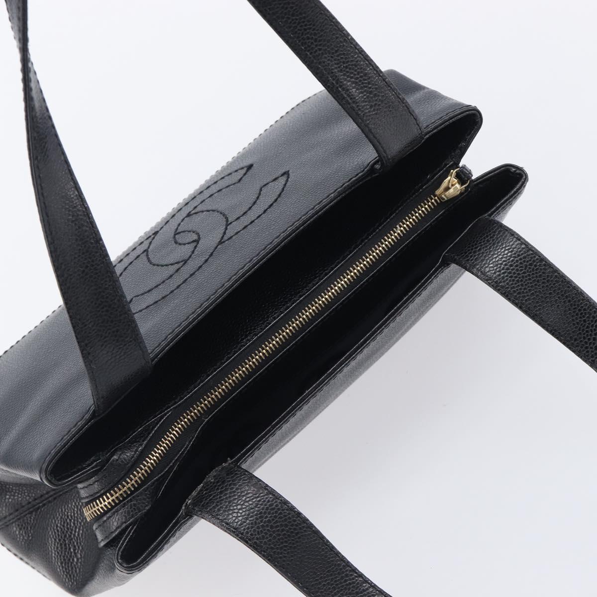 CHANEL COCO Mark Tote Bag Caviar Skin Black Gold Tone CC Auth ka6665