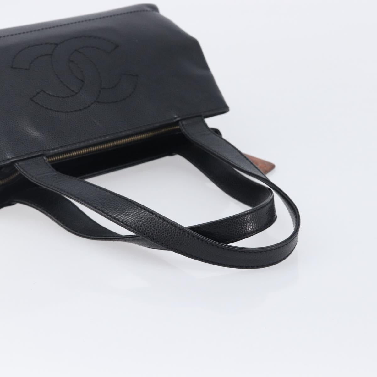 CHANEL COCO Mark Tote Bag Caviar Skin Black Gold Tone CC Auth ka6665