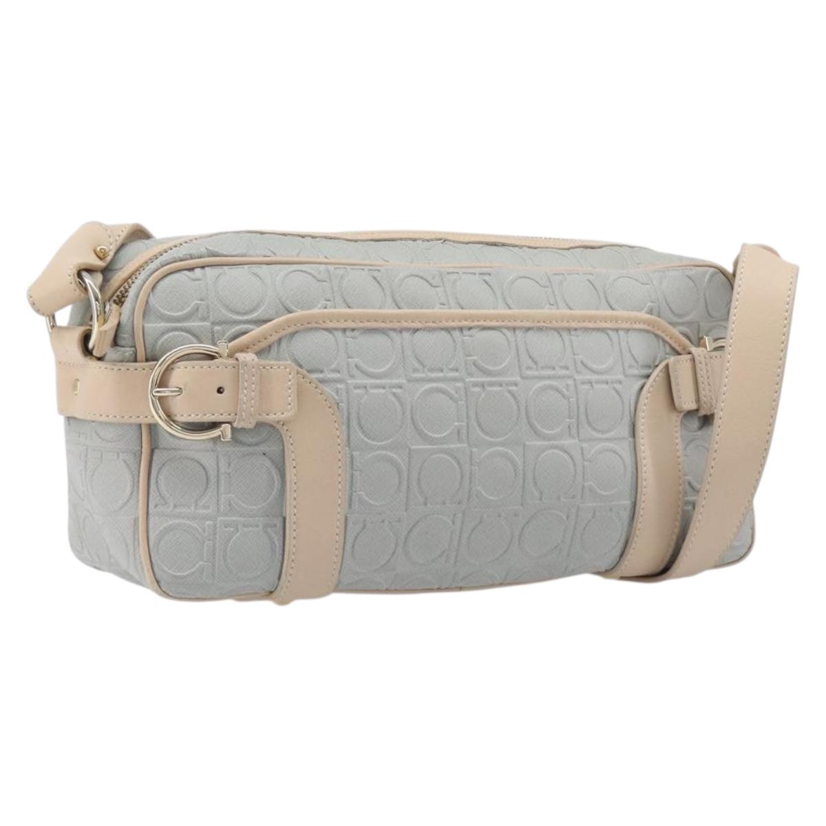 Salvatore Ferragamo Gancini Shoulder Bag PVC Leather Light Blue Gold Auth ka6670