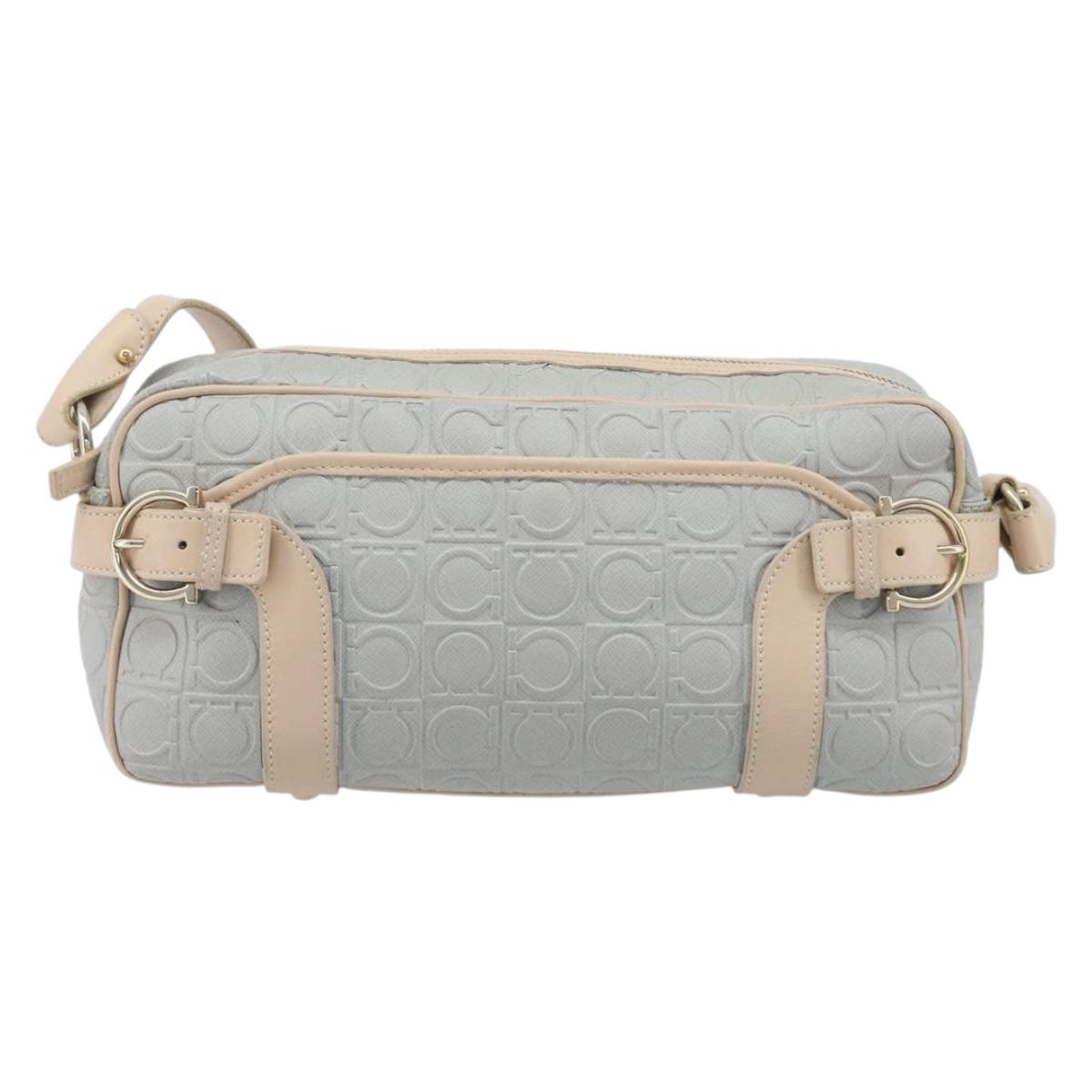 Salvatore Ferragamo Gancini Shoulder Bag PVC Leather Light Blue Gold Auth ka6670