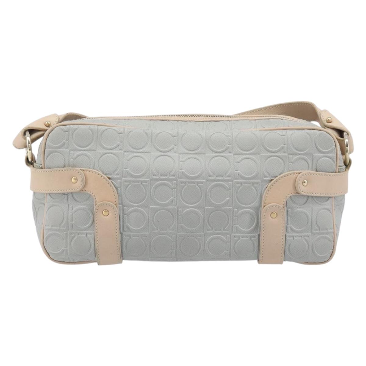 Salvatore Ferragamo Gancini Shoulder Bag PVC Leather Light Blue Gold Auth ka6670