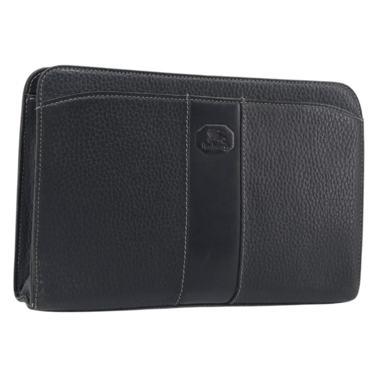 Burberrys Clutch Bag Leather Black Silver Auth ka6672