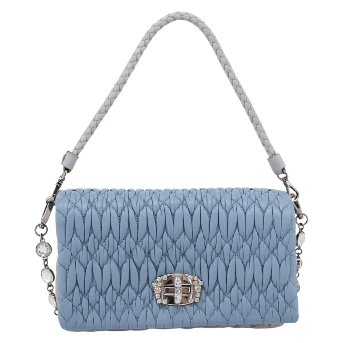 Miu Miu Matelasse Shoulder Bag Leather Light Blue Silver Auth ka6674M