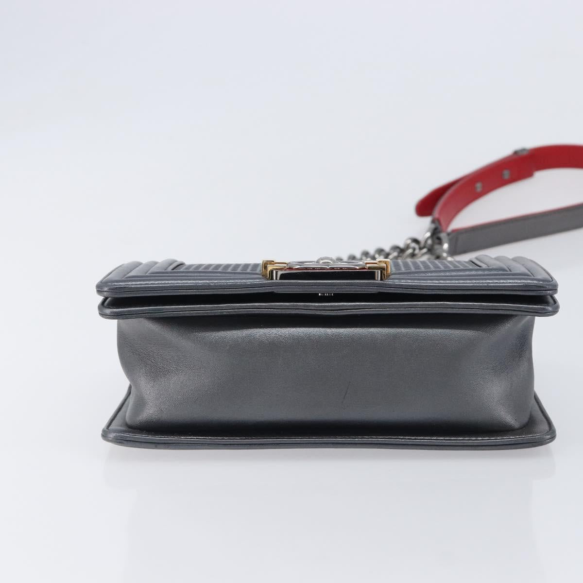 CHANEL Boy Chanel Medium Chain Shoulder Bag Lamb Skin Gray Silver Auth ka6676A
