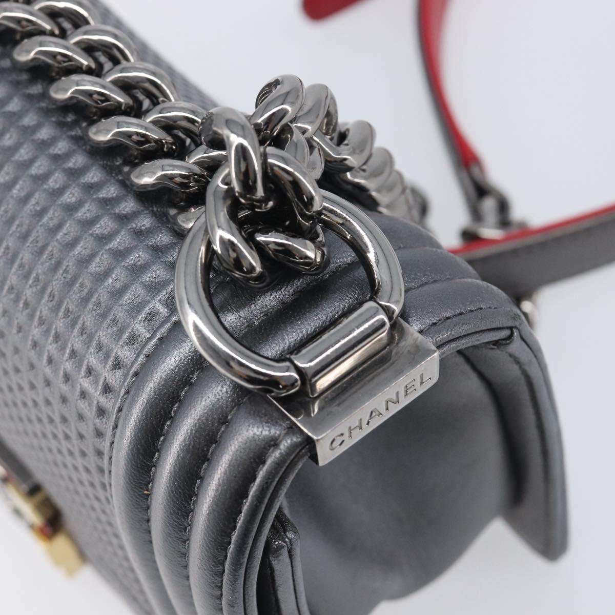 CHANEL Boy Chanel Medium Chain Shoulder Bag Lamb Skin Gray Silver Auth ka6676A