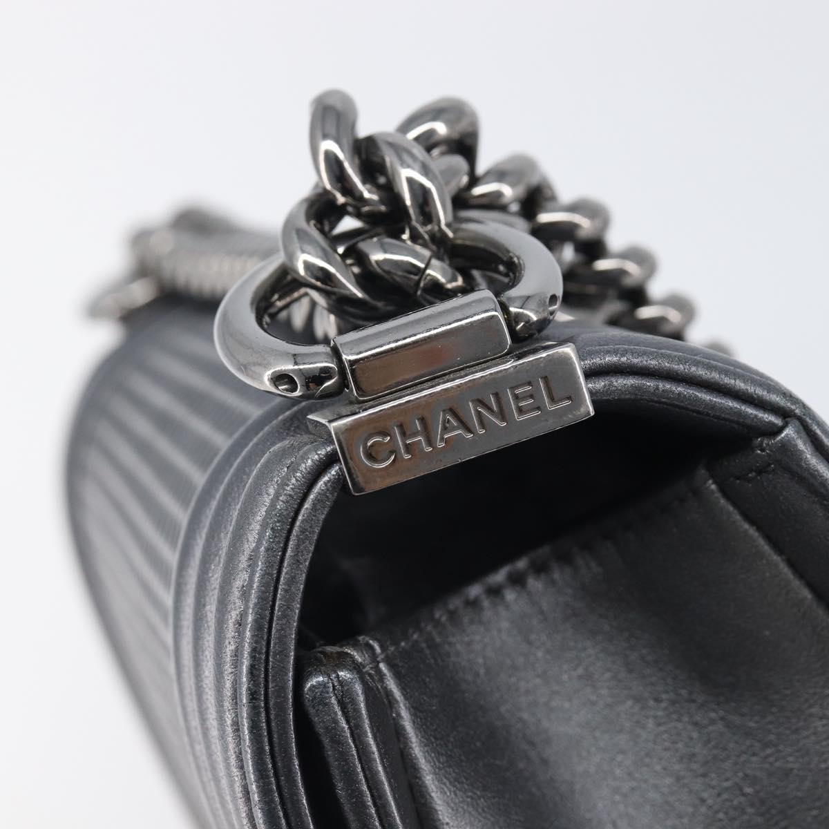 CHANEL Boy Chanel Medium Chain Shoulder Bag Lamb Skin Gray Silver Auth ka6676A