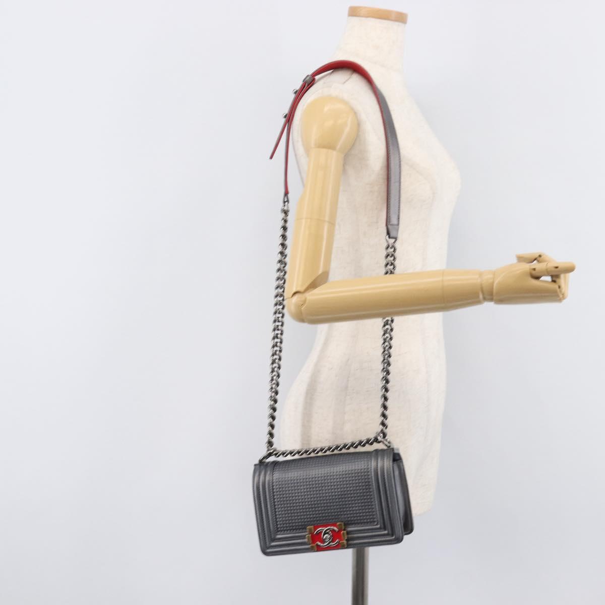 CHANEL Boy Chanel Medium Chain Shoulder Bag Lamb Skin Gray Silver Auth ka6676A
