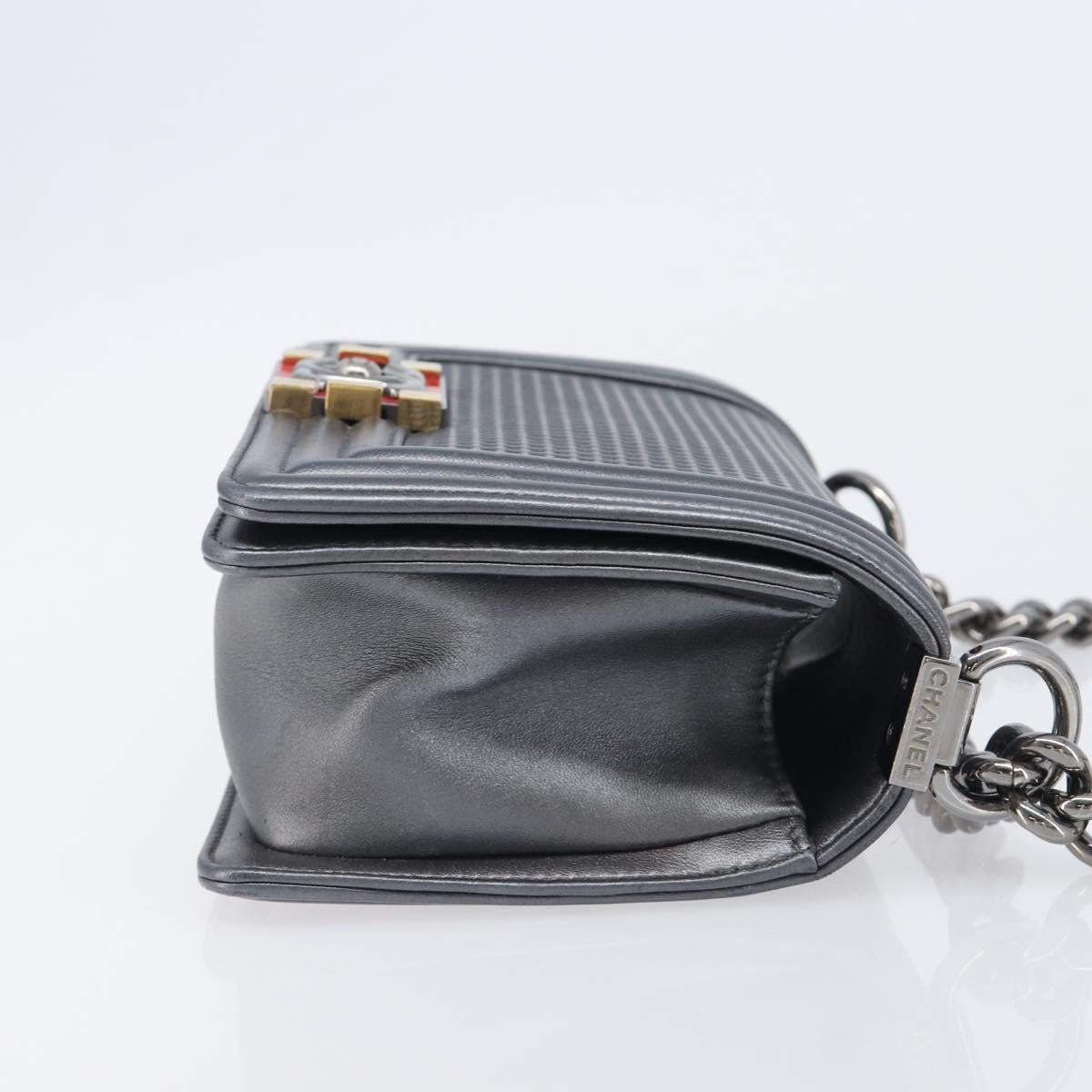 CHANEL Boy Chanel Medium Chain Shoulder Bag Lamb Skin Gray Silver Auth ka6676A