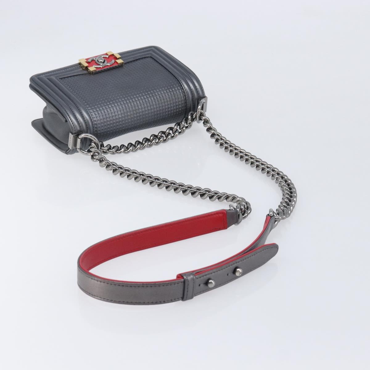 CHANEL Boy Chanel Medium Chain Shoulder Bag Lamb Skin Gray Silver Auth ka6676A