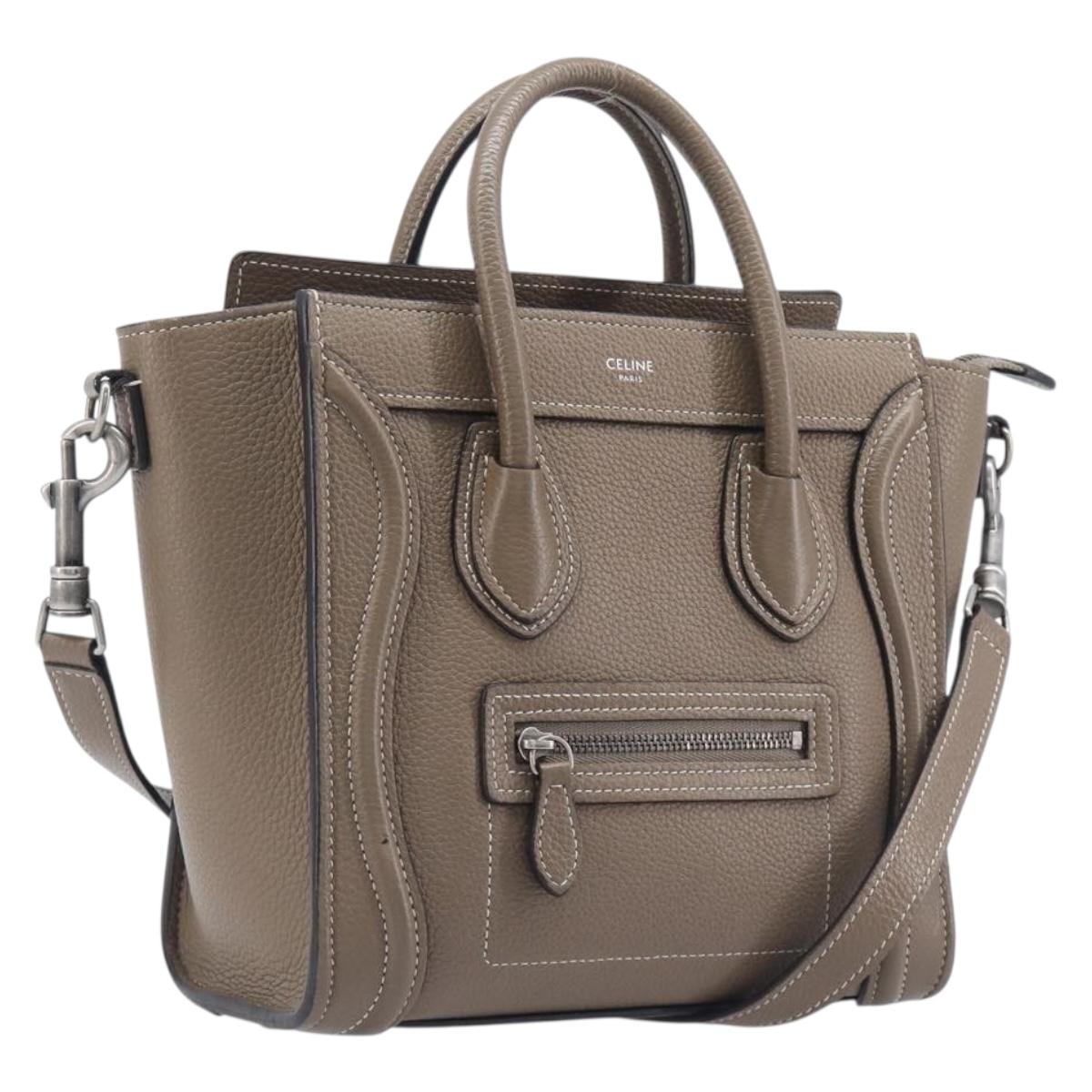 CELINE Luggage Nano Shopper Hand Bag Leather 2way Beige Silver Auth ka6678V