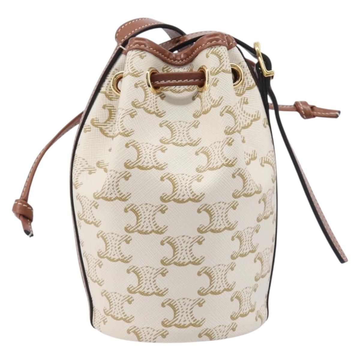 CELINE Triomphe Shoulder Bag PVC Leather White Gold Tone Auth ka6681A