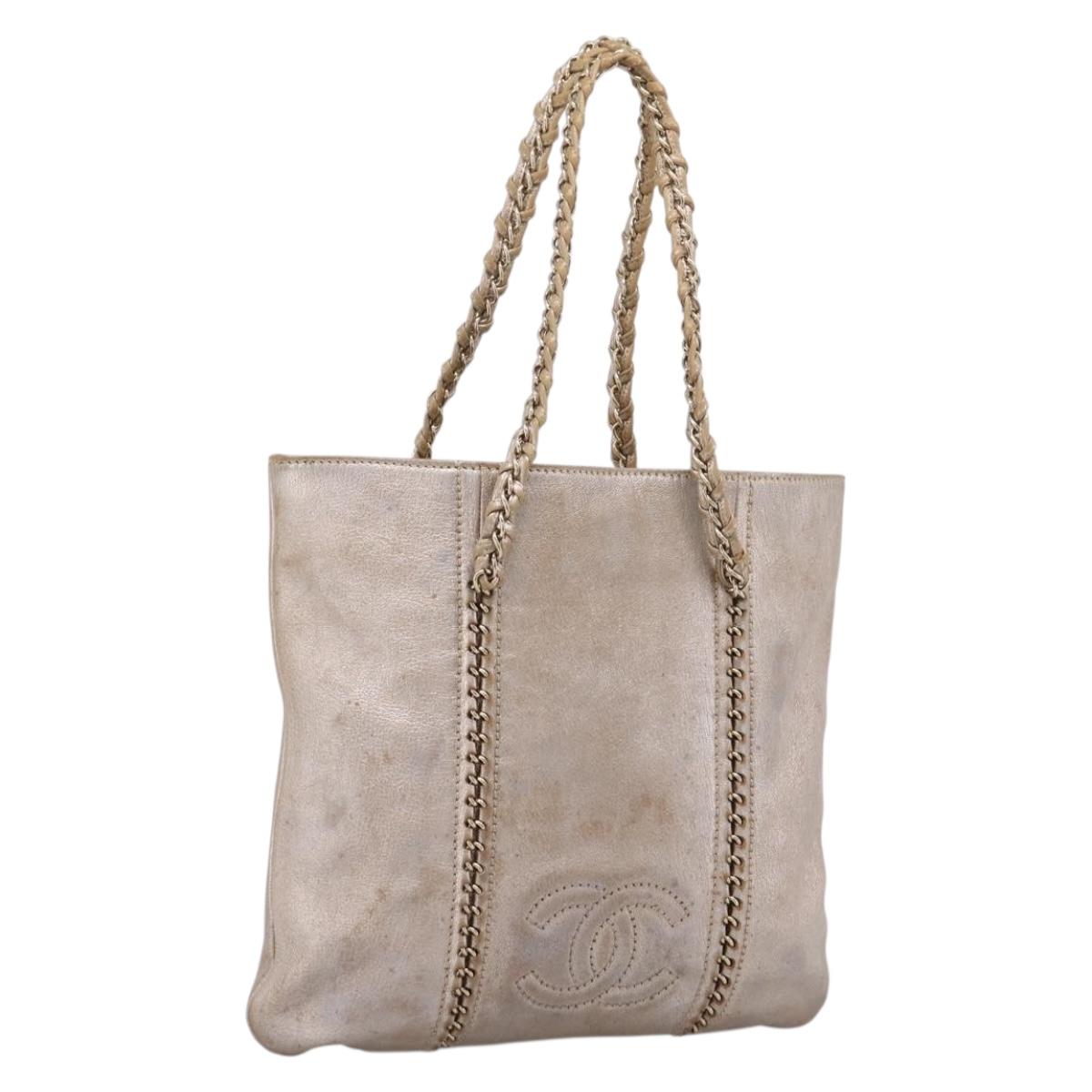 CHANEL Luxury Line Chain Tote Bag Leather Silver Gold Tone CC Auth ka6683