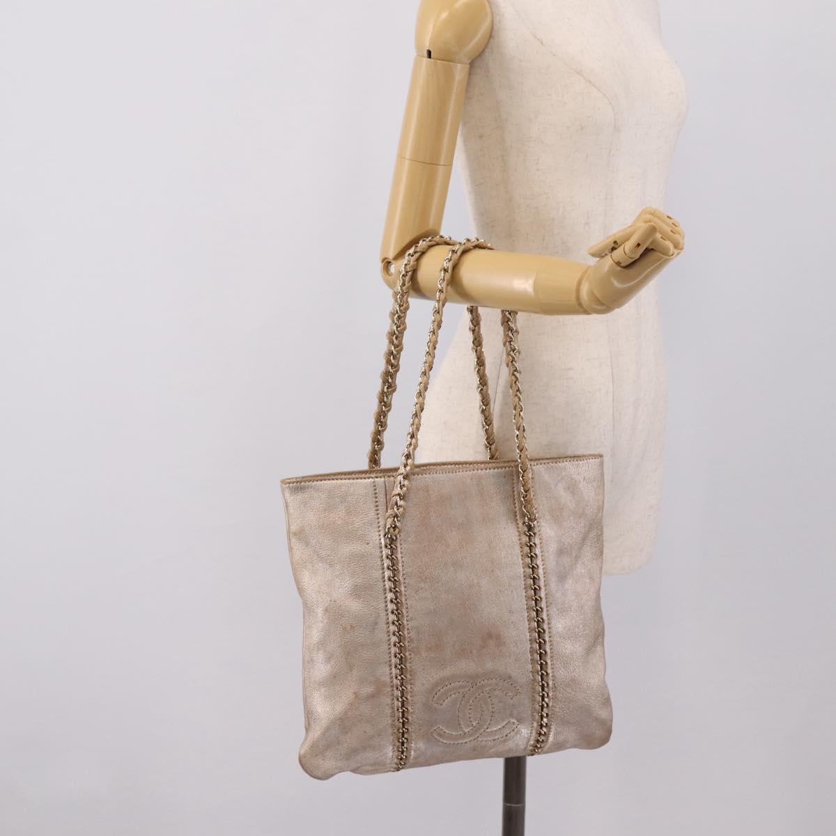 CHANEL Luxury Line Chain Tote Bag Leather Silver Gold Tone CC Auth ka6683