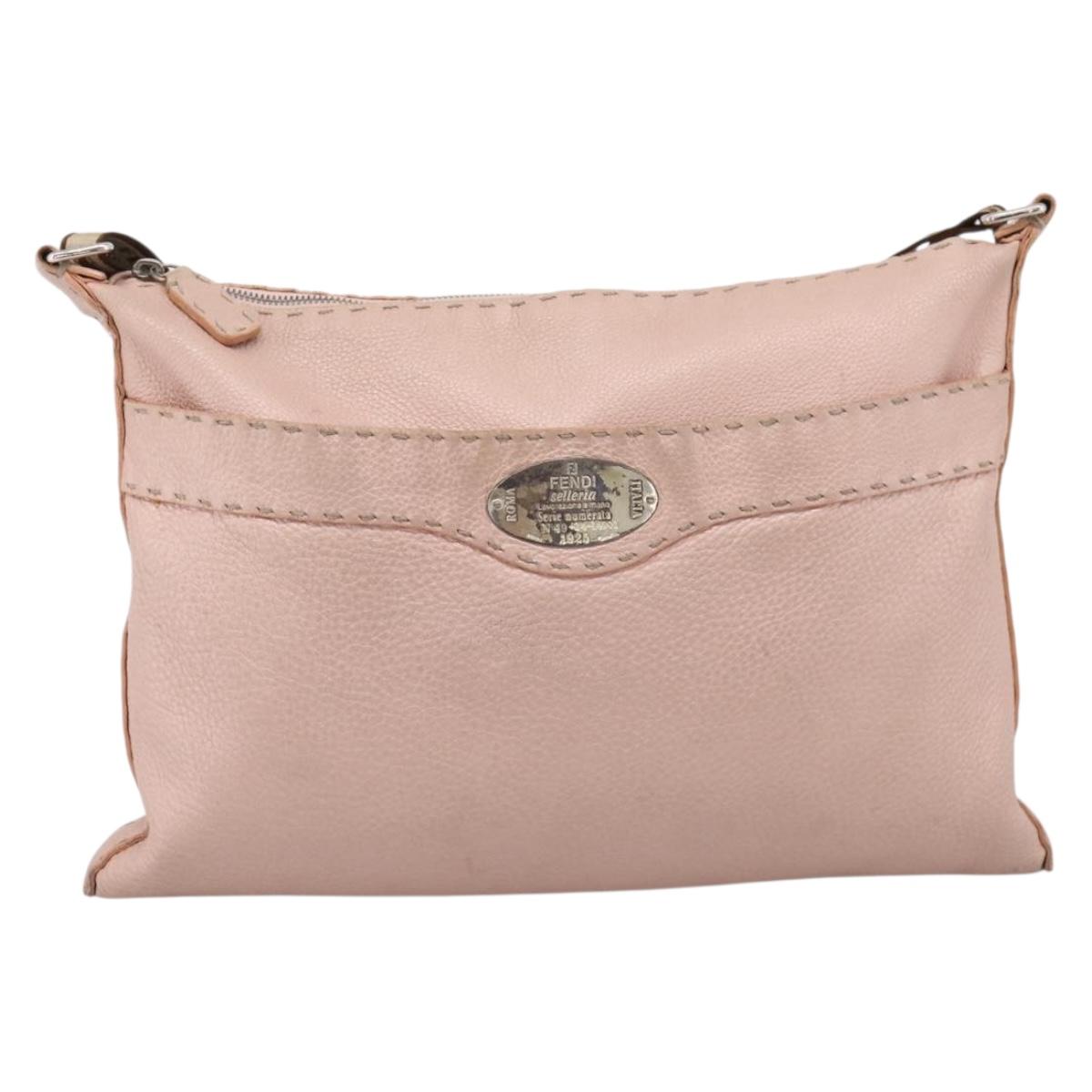 FENDI Celeria Shoulder Bag Leather Beige Silver 8BT093 Auth ka6684